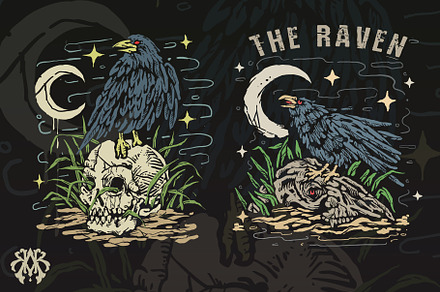 The Raven Skull With Vintage Style, an Animal Illustration by Krizvector Artwork Shop