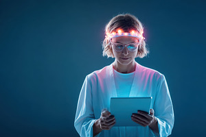 Woman with glowing headband using tablet, a Technology Photo by AlyaAnd