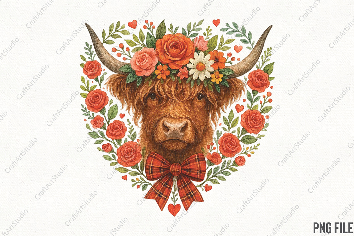 Floral Valentine Heart Highland Cow, an Illustration by CraftArtStudio (Photo 1 of 4)