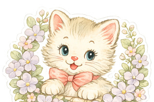 Kitsch kittens surrounded by floral, an Illustration by Dvoevnore photos