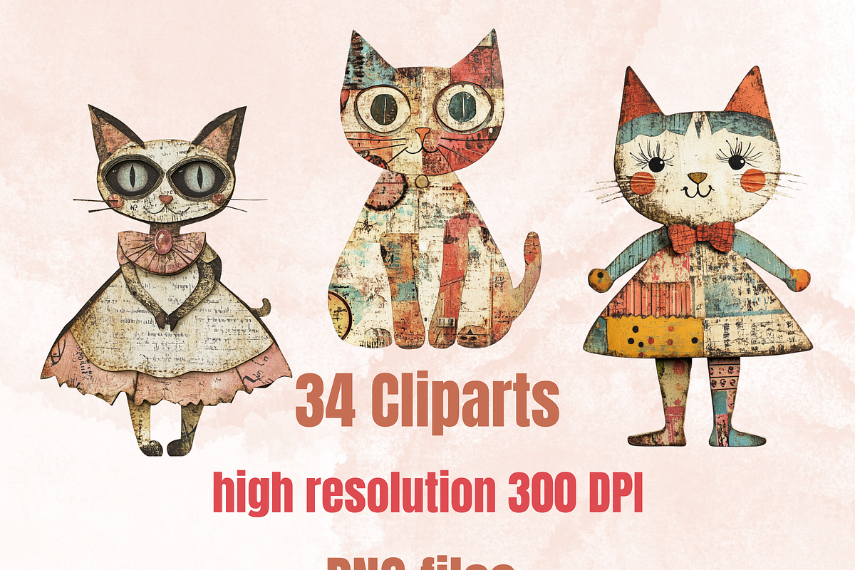 Whimsical Cat Mixed Media Clipart, a Background Graphic by GiraffeCreative (Photo 6 of 9)