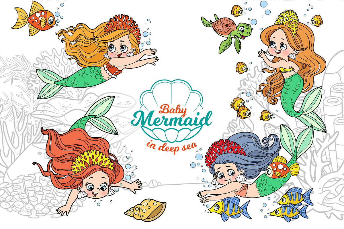 Mermaid in deep sea coloring pages, an Illustration by Azuzlikus (Photo 2 of 11)