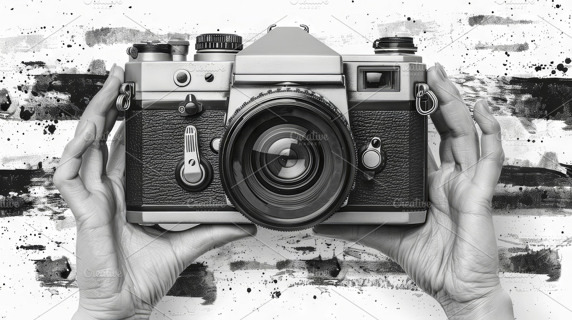 Black and White Image of Hands Holding a Vintage Camera Against a Grunge Backgr, a Photo by AS photostudio