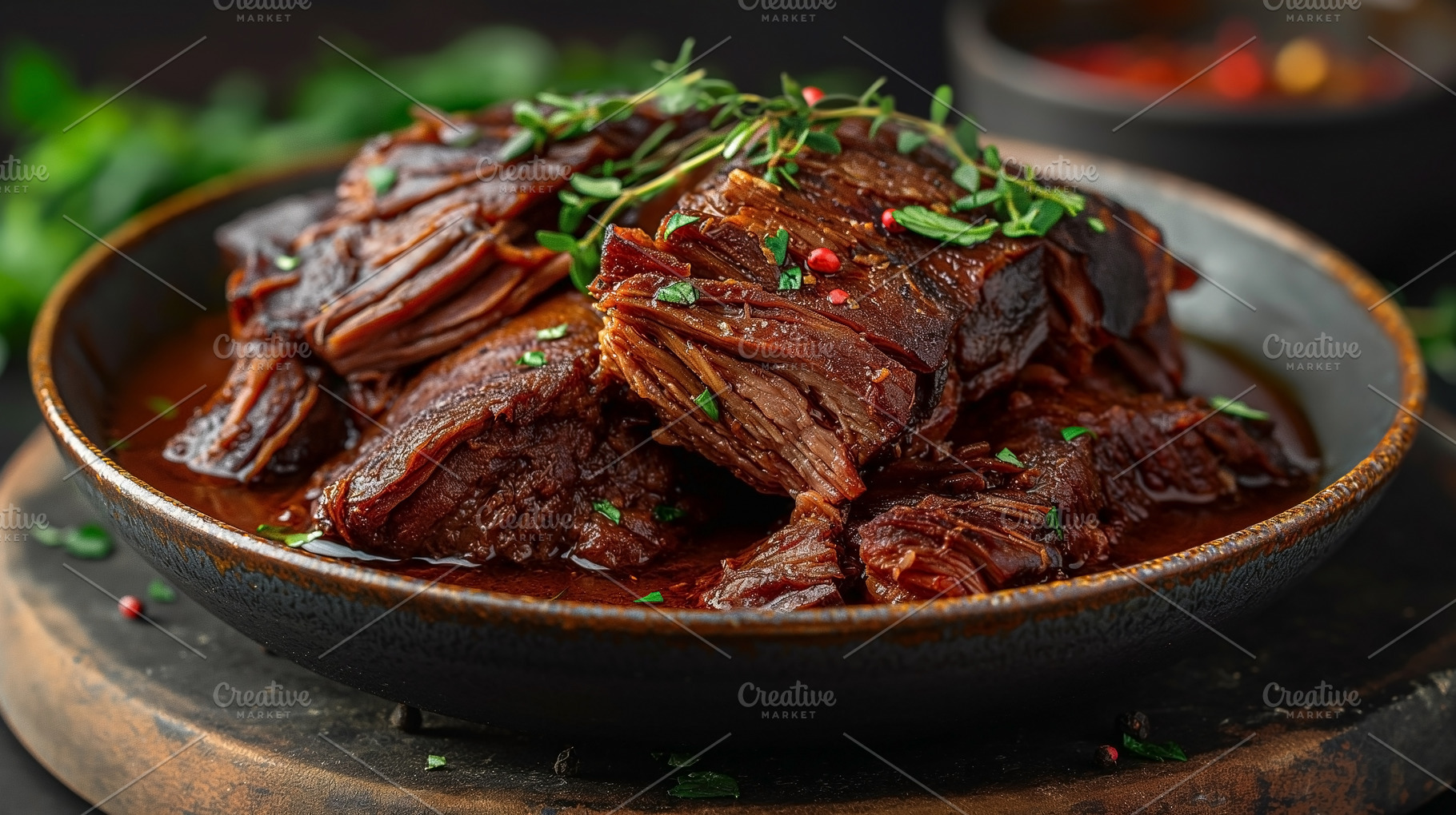 Succulent beef brisket served in a rich sauce, garnished with he, a Food & Drink Photo by ImageMir