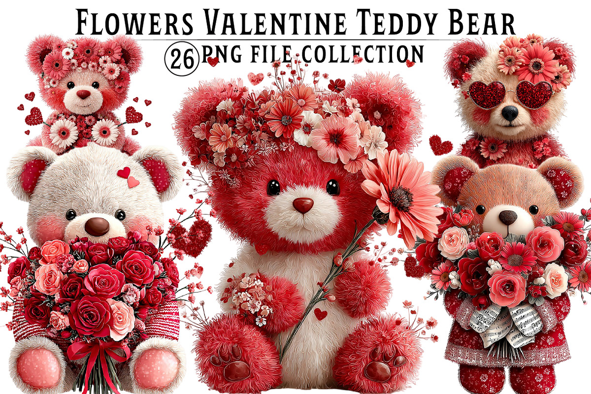 Flowers Valentine Teddy Bear Clipart, an Illustration by Dream Creation (Photo 1 of 6)