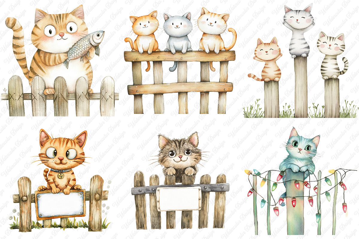 Watercolor Funny Cats on Fence PNG, an Illustration by Watercolor design (Photo 4 of 12)