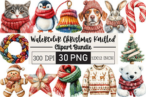 Watercolor Christmas Knitted Clipart, an Illustration by Black Bird Studio