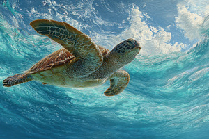 A green turtle swims in clear ocean, a Photo by Pavel_design