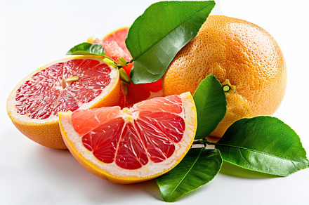 Fresh and tasty grapefruits with green leaves on white background, a Food & Drink Photo by AlyaAnd
