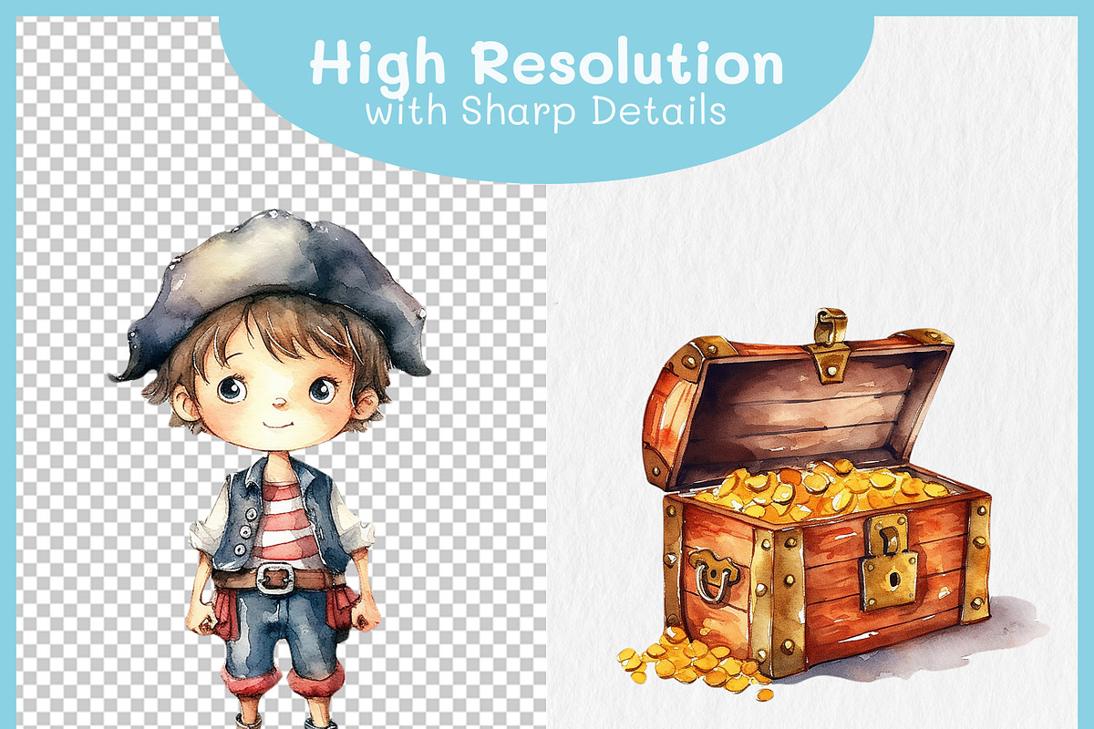 Cute Pirates Watercolor Clipart PNG, a Decorative Illustration by Digital Dreamscaping (Photo 4 of 4)