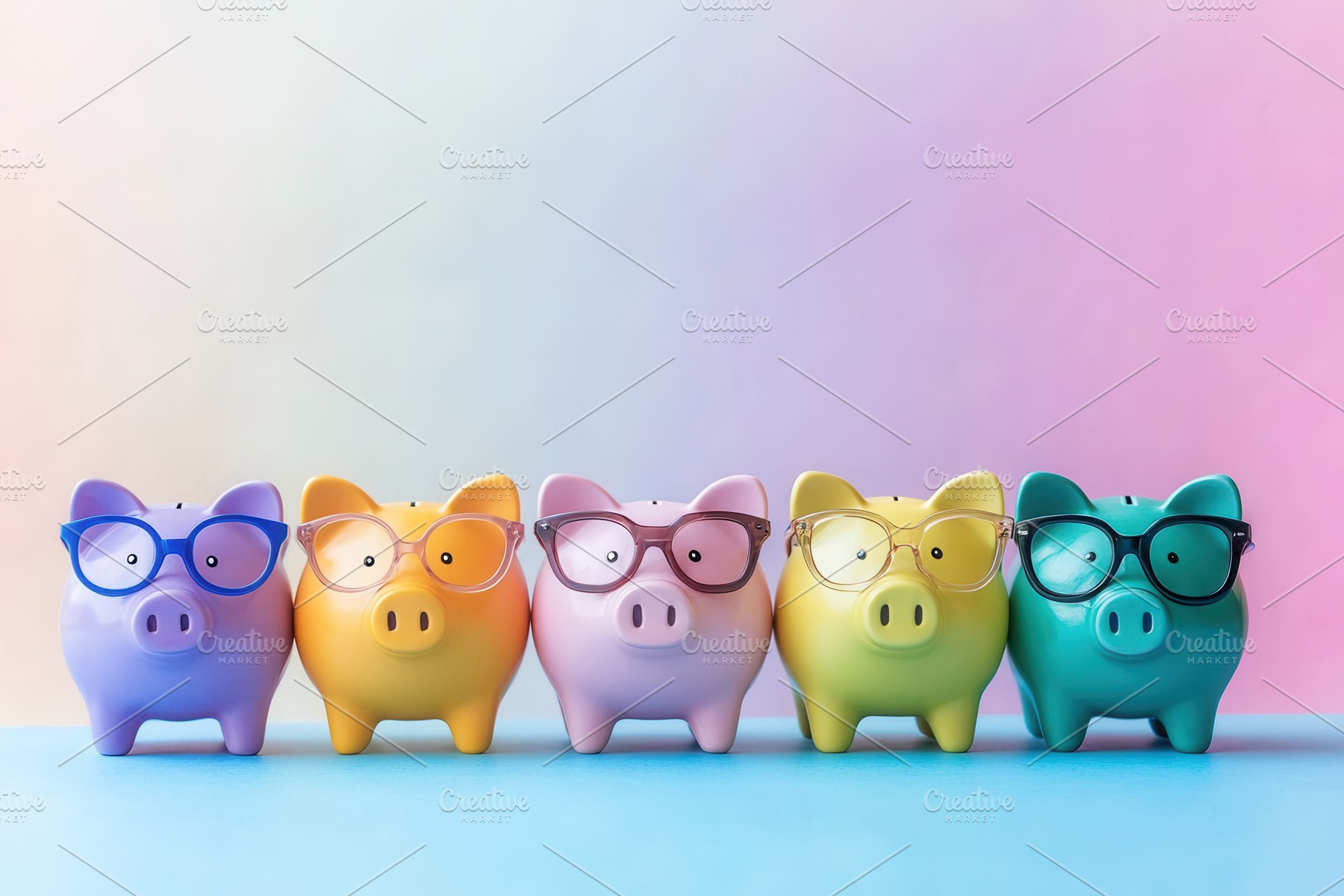 Vibrant piggy banks with glasses, a Photo by Pavel_design