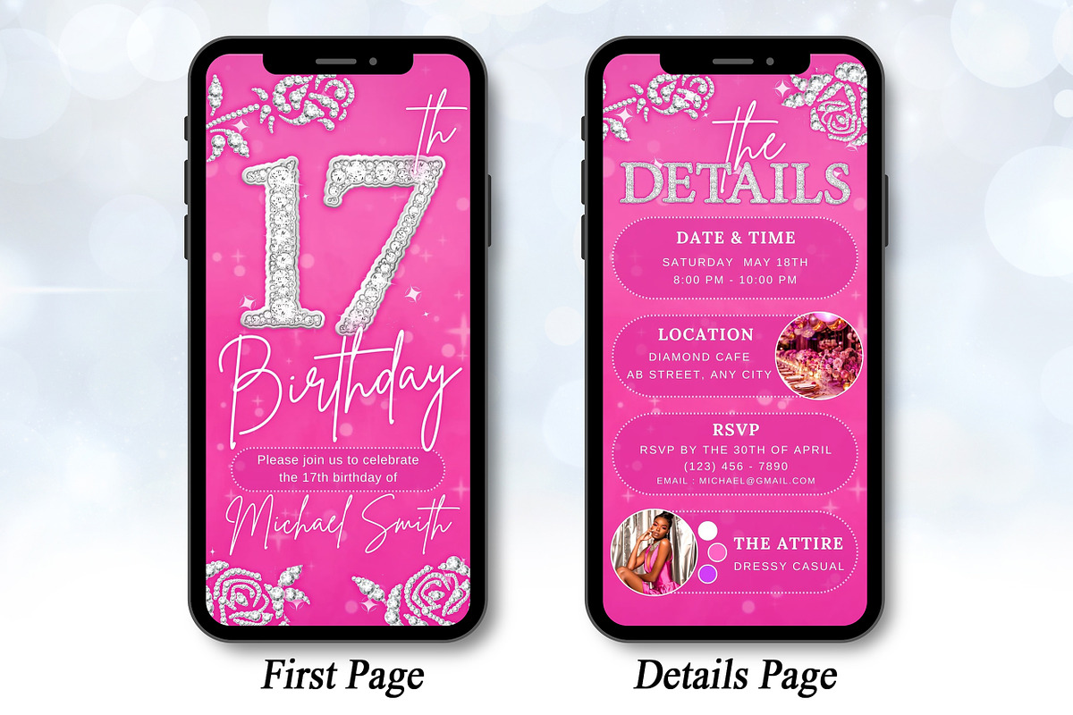 Editable Pink 17th BD Evite Template, an Invitation Template by V Design Creator (Photo 3 of 8)