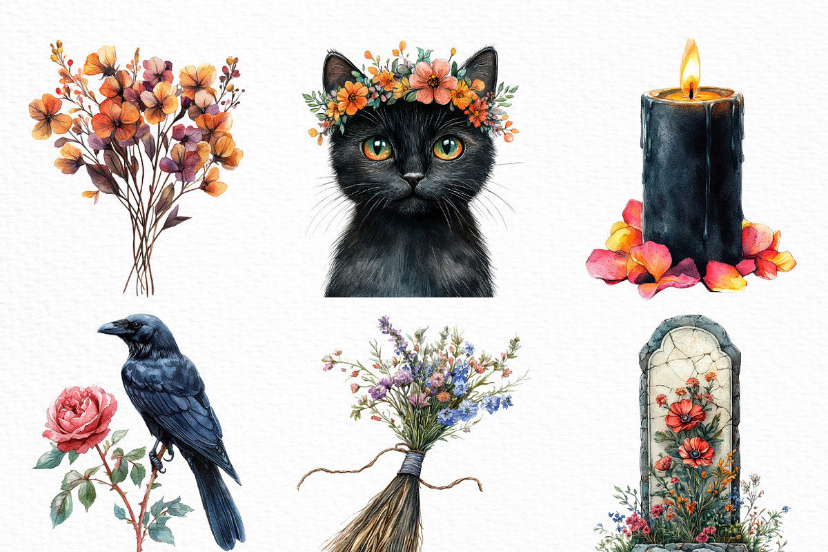 Watercolor Floral Halloween Clipart, an Illustration by Craft Nest (Photo 4 of 6)