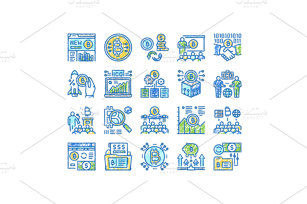 Ico Initial Coin Offer set Icons, an Object Illustration by pikepicture