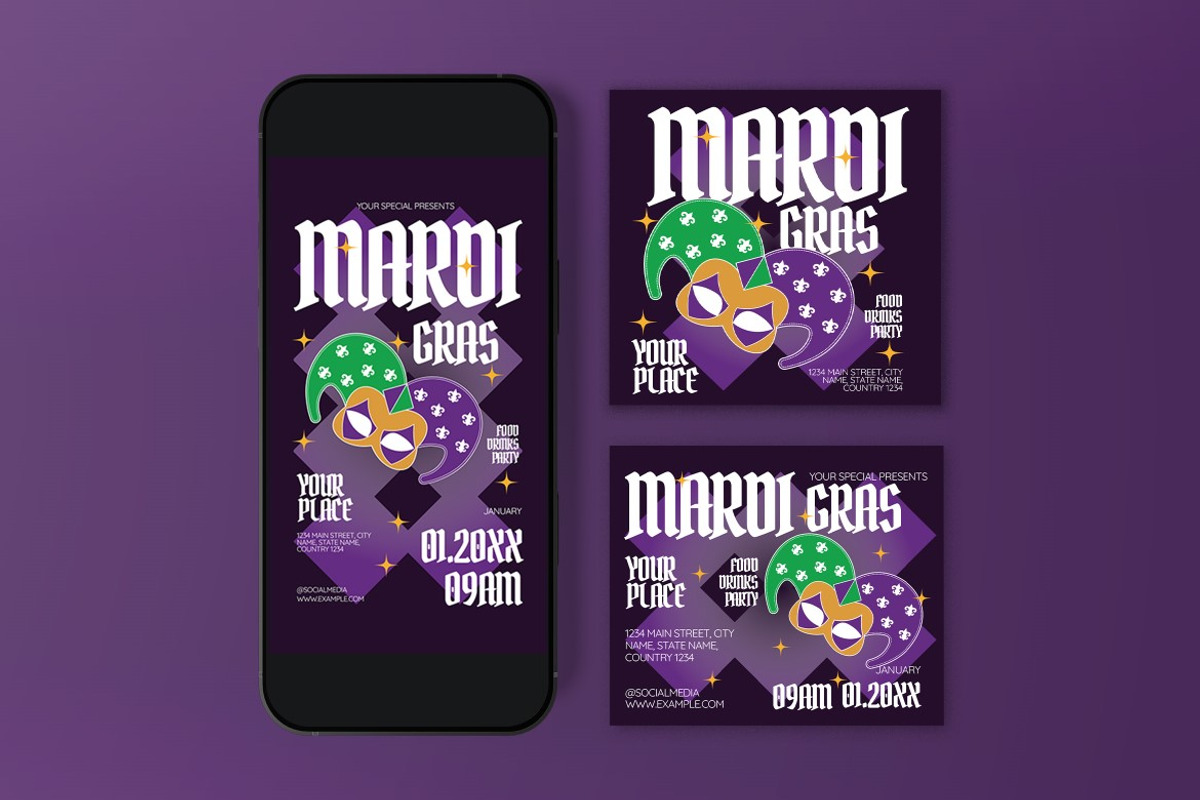 White Purple Mardi Gras Flyer Set, a Flyer Template by graphicook (Photo 3 of 3)