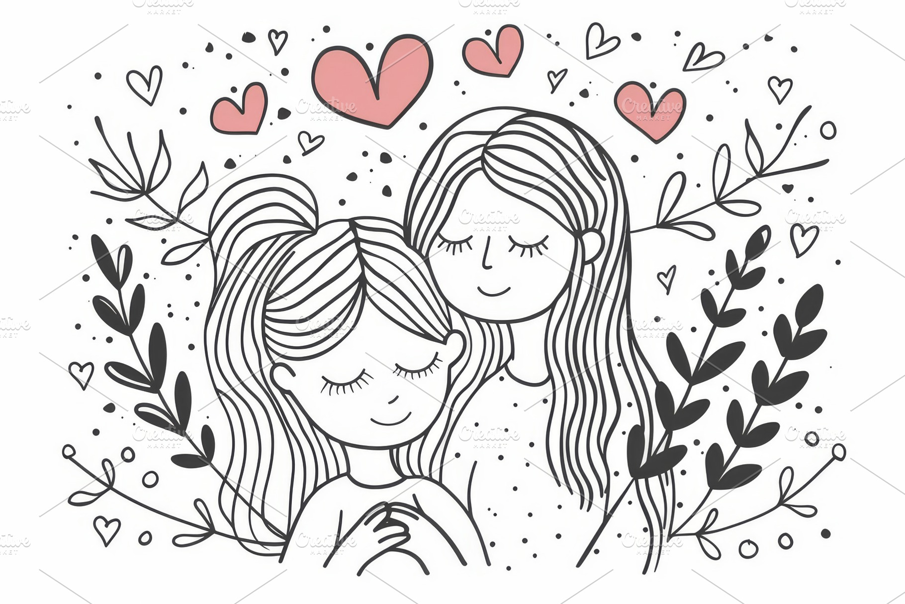 Mother and daughter black line art s, a Background Photo by Pixeness Studio