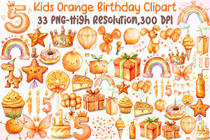Kids Orange Birthday Watercolor Clip, an Illustration by Sublimation Artist