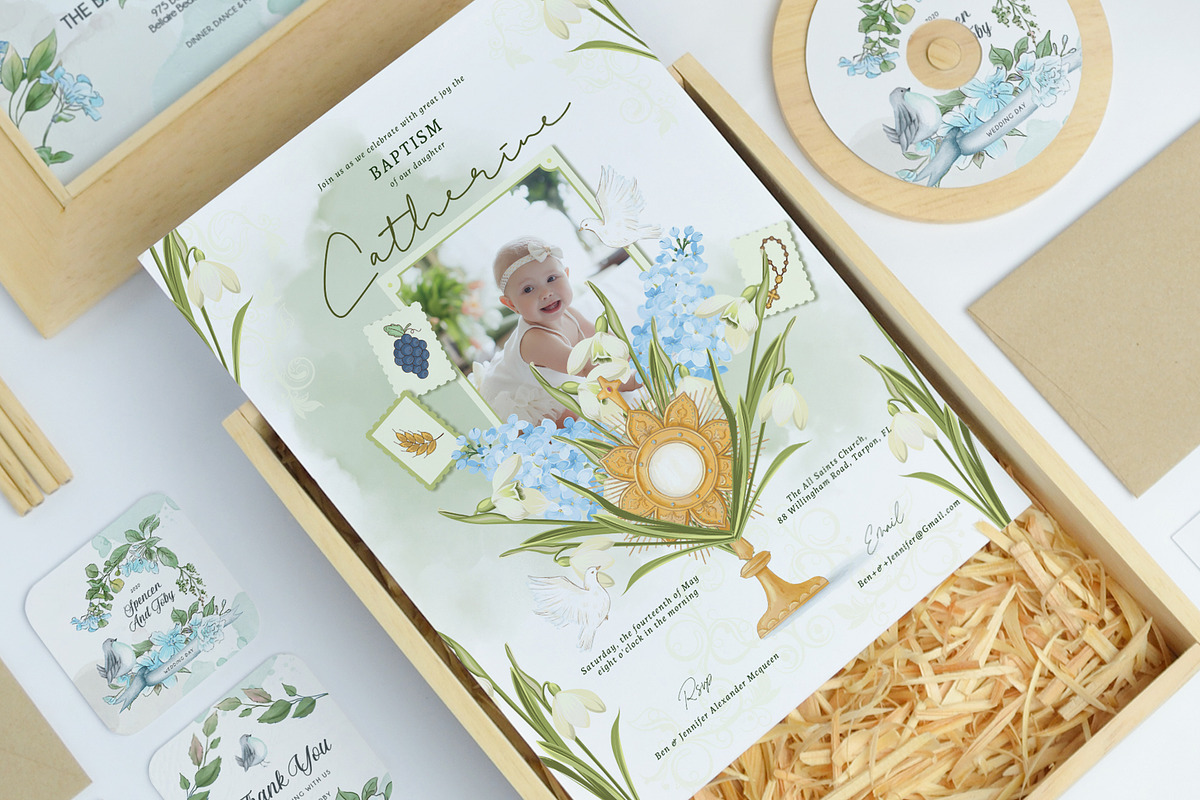 White & Blue Snowdrops Baptism Card, an Invitation Template by Squirrel92 (Photo 2 of 2)