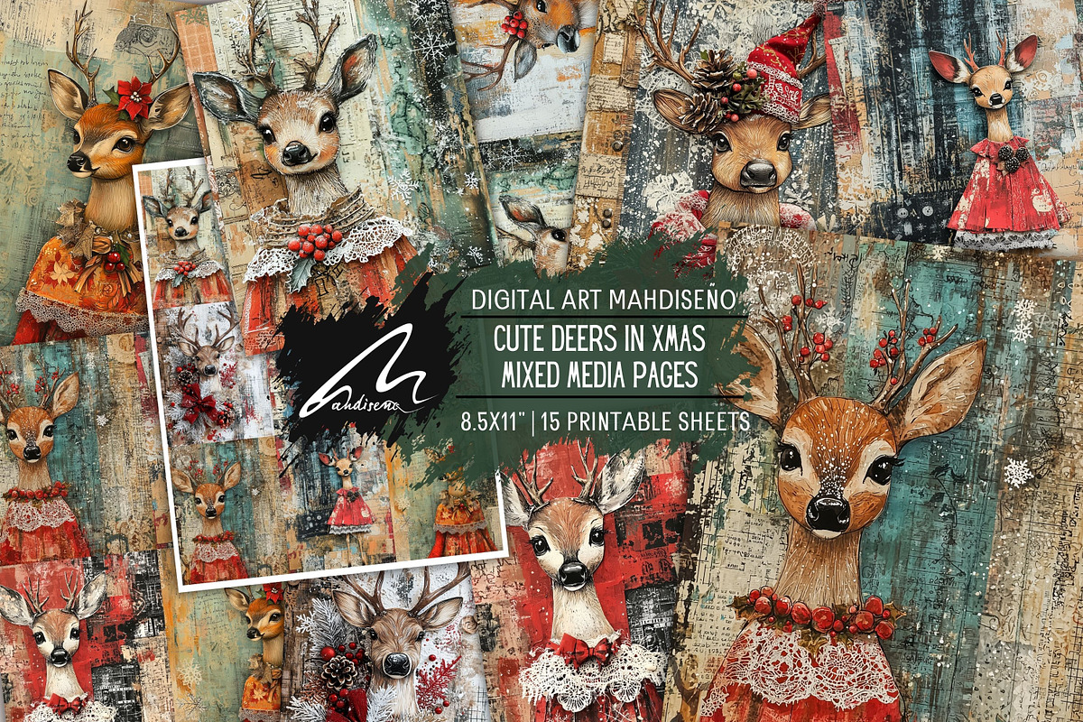 Cute Xmas Deer, Shabby Journal Pages, a Seasonal Illustration by Digital Art Mahdiseño (Photo 1 of 10)