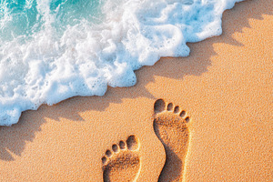 Footprints on a sandy beach by the ocean, a Wallpaper Photo by AlyaAnd