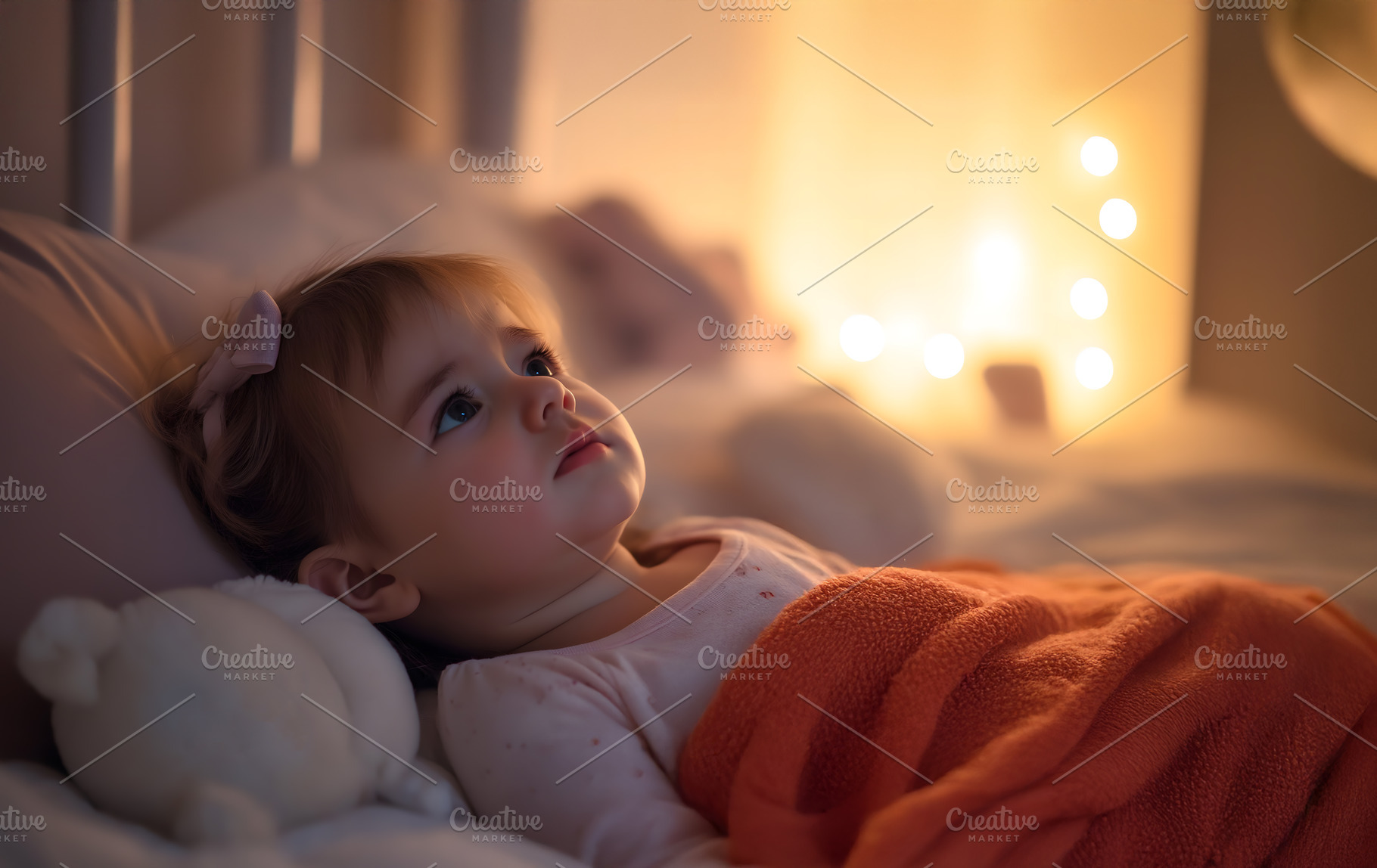 Sad little baby girl is lying in bed at home or hospital, a Person Photo by Lenor4ik