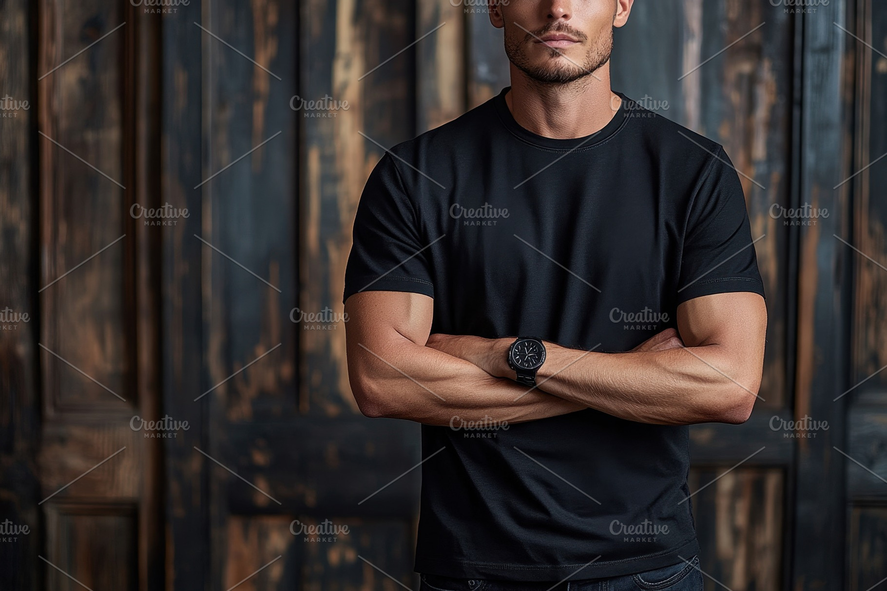 Man in black t-shirt stands confiden, a Photo by Tanuart