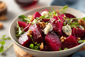Vibrant beet salad with walnuts and microgreens, a Food & Drink Photo by AlyaAnd