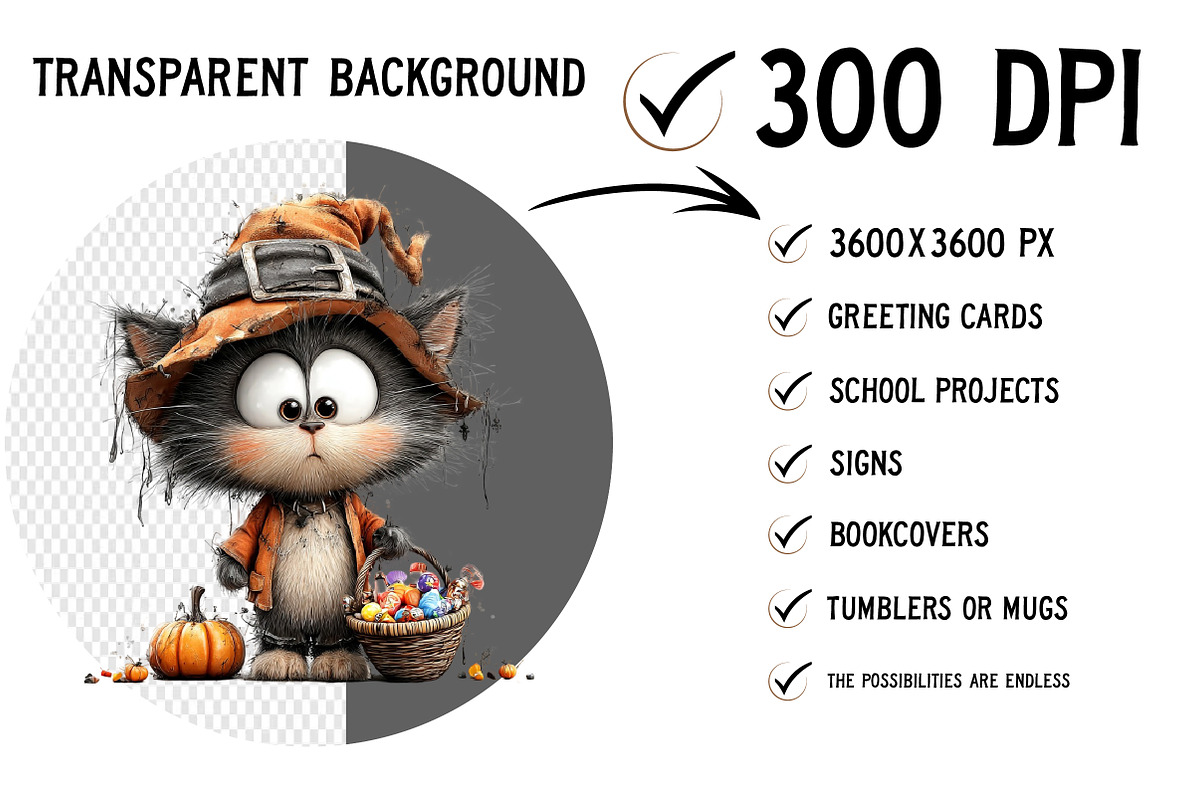 Whimsical Halloween Cat Clipart, an Animal Illustration by Craft Nest (Photo 2 of 6)