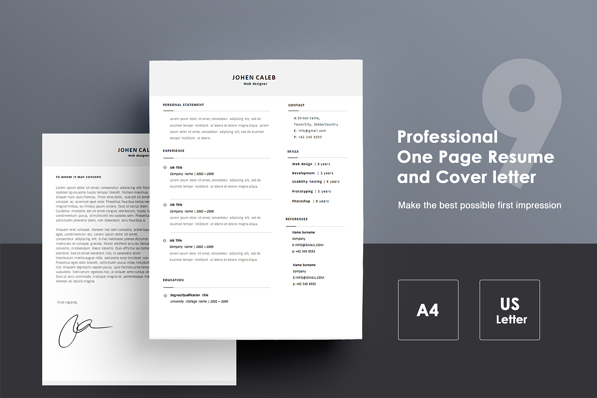One page Resume CV + cover letter 9, a Resume Template by UX Design Mastery Shop (Photo 1 of 4)