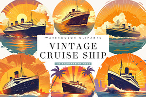 Vintage Cruise Ship Sunset Clipart, a Transportation Illustration by BusyDaydesign