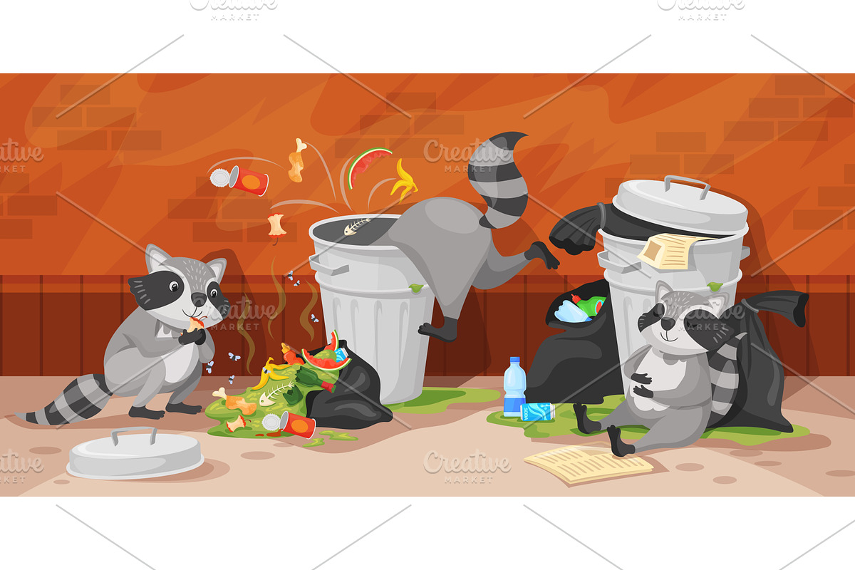 Raccoon trash cans. Racoons eat in, an Animal Illustration by Stock-Smart-Start