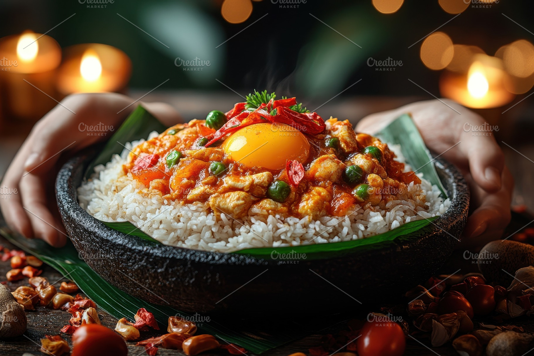 Flavorful rice dish topped with egg, a Photo by Tanuart