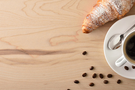 Breakfast table with coffee and pastries background top view, a Food & Drink Photo by Davizro's Market