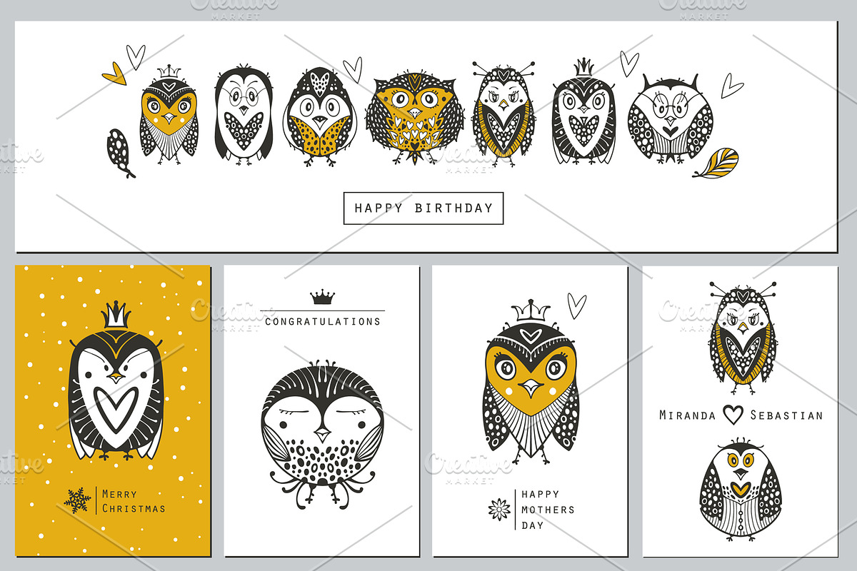 Set greeting cards. Owls, penguins., an Invitation Template by Mira15