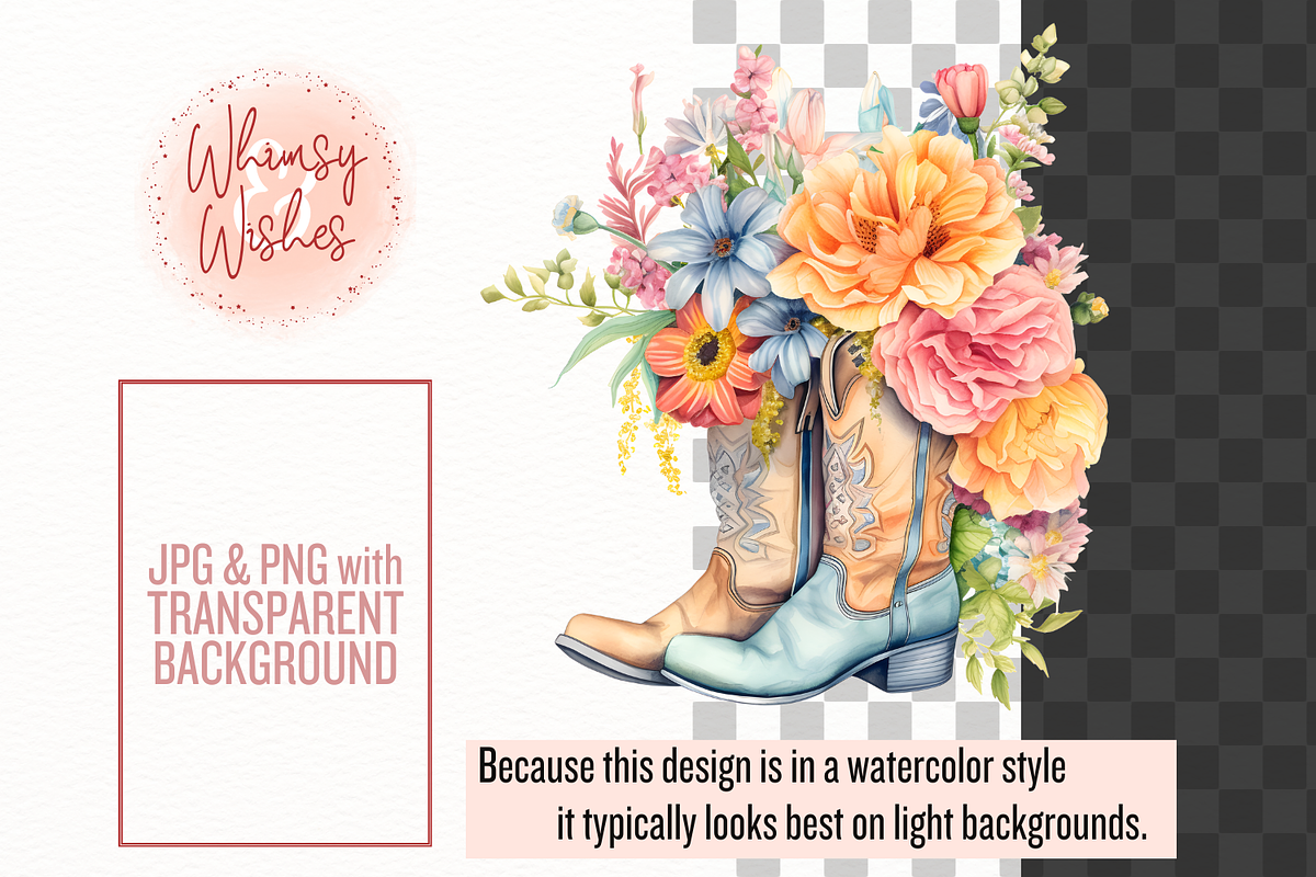 Floral Cowboy Boots Watercolor, a Decorative Illustration by Whimsy & Wishes (Photo 3 of 7)