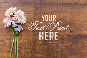 Rustic Flowers on Wood Desk Mockup