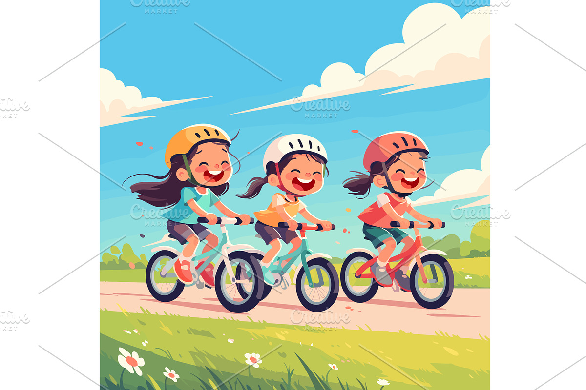 Kid girls ride bicycle. Children, an Illustration by Stock-Smart-Start