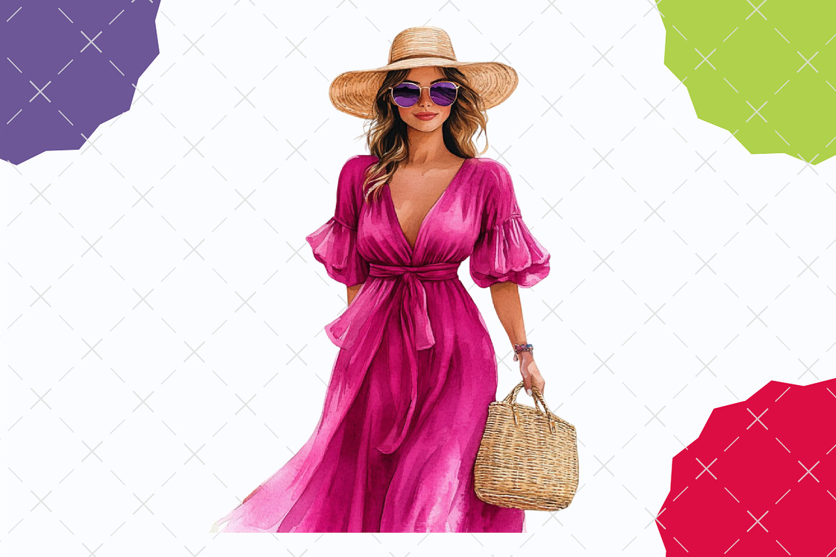 Pink Summer Family Watercolor Clipar, an Illustration by designcity5 (Photo 5 of 5)