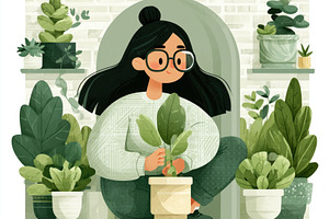 Woman caring for houseplants in cozy indoor garden illustration, a Person Photo by José Manuel Gelpi