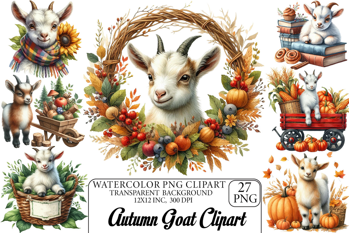 Watercolor Autumn Goat Clipart, an Illustration by DreamPrint404 (Photo 1 of 6)
