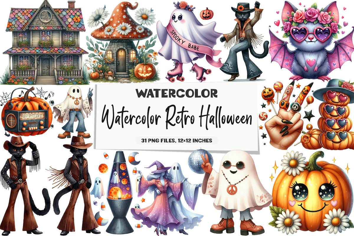 Watercolor Retro Halloween Clipart, an Illustration by DreamArtGraphic (Photo 1 of 5)