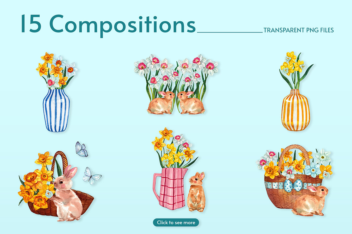 Daffodils and Rabbit Watercolor, an Animal Illustration by CreativeValuation (Photo 3 of 12)