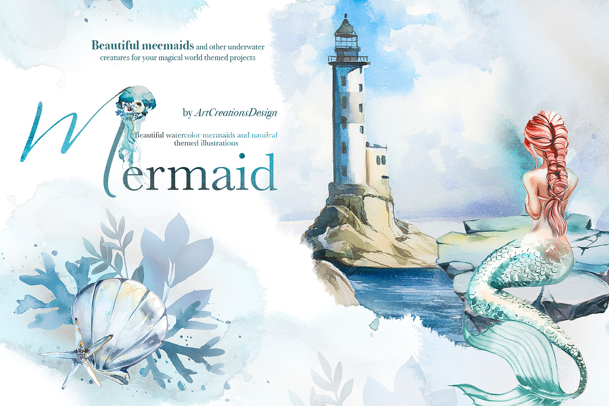 Hand-Painted Mermaid Clipart Set, a Person Illustration by ArtCreationsDesign (Photo 1 of 24)