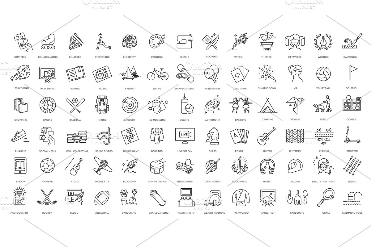 Leisure and Pastime Activities Icons, an Outline Icon by Tettygreen (Photo 1 of 2)