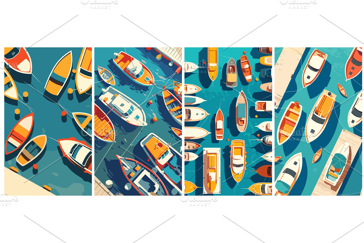 Boats in harbor. Flat wooden pier, a Transportation Illustration by Stock-Smart-Start