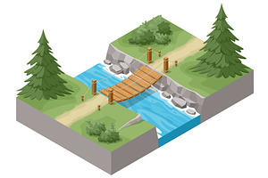Isometric wooden bridge over a small, an Illustration by Golden Sikorka