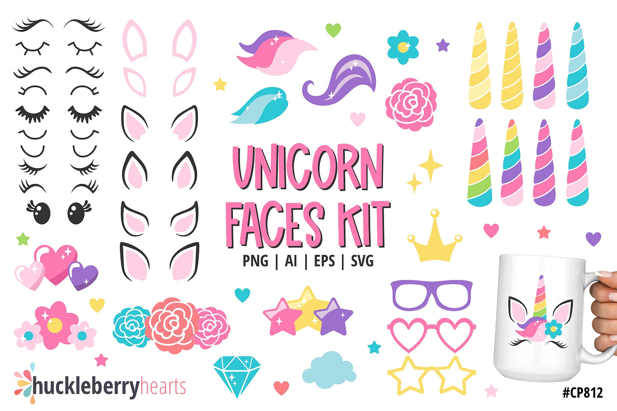 Unicorn Face Kit SVG and Clipart Set, an Object Graphic by Huckleberry Hearts (Photo 1 of 3)