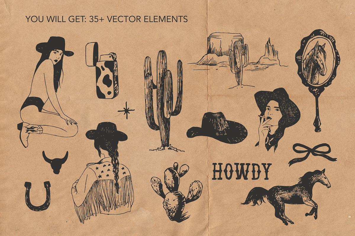 Wanted and Wild cowgirl vector set, a Decorative Illustration by yabluko_draws (Photo 2 of 6)