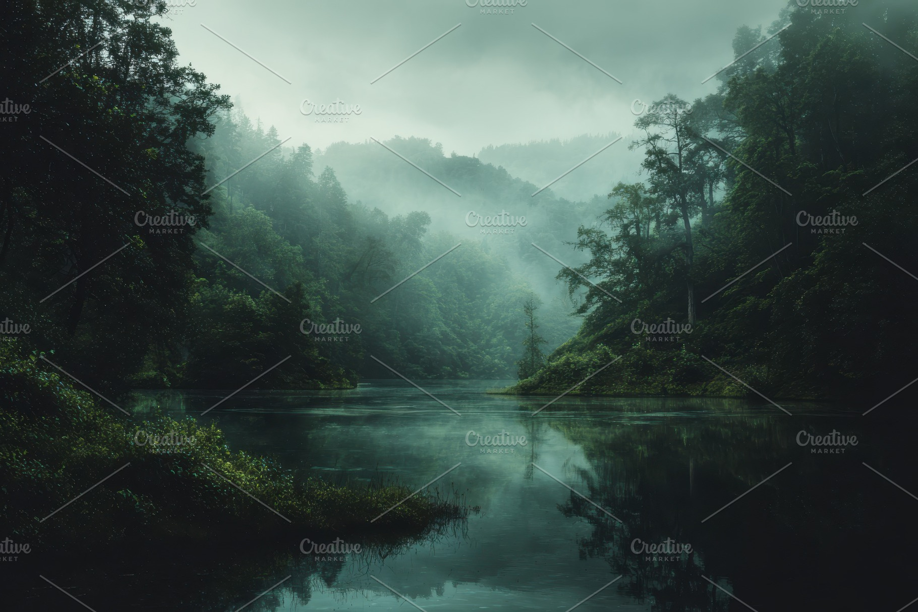 Misty lake serene forest nature refl, an Arts & Entertainment Photo by Pixeness Studio