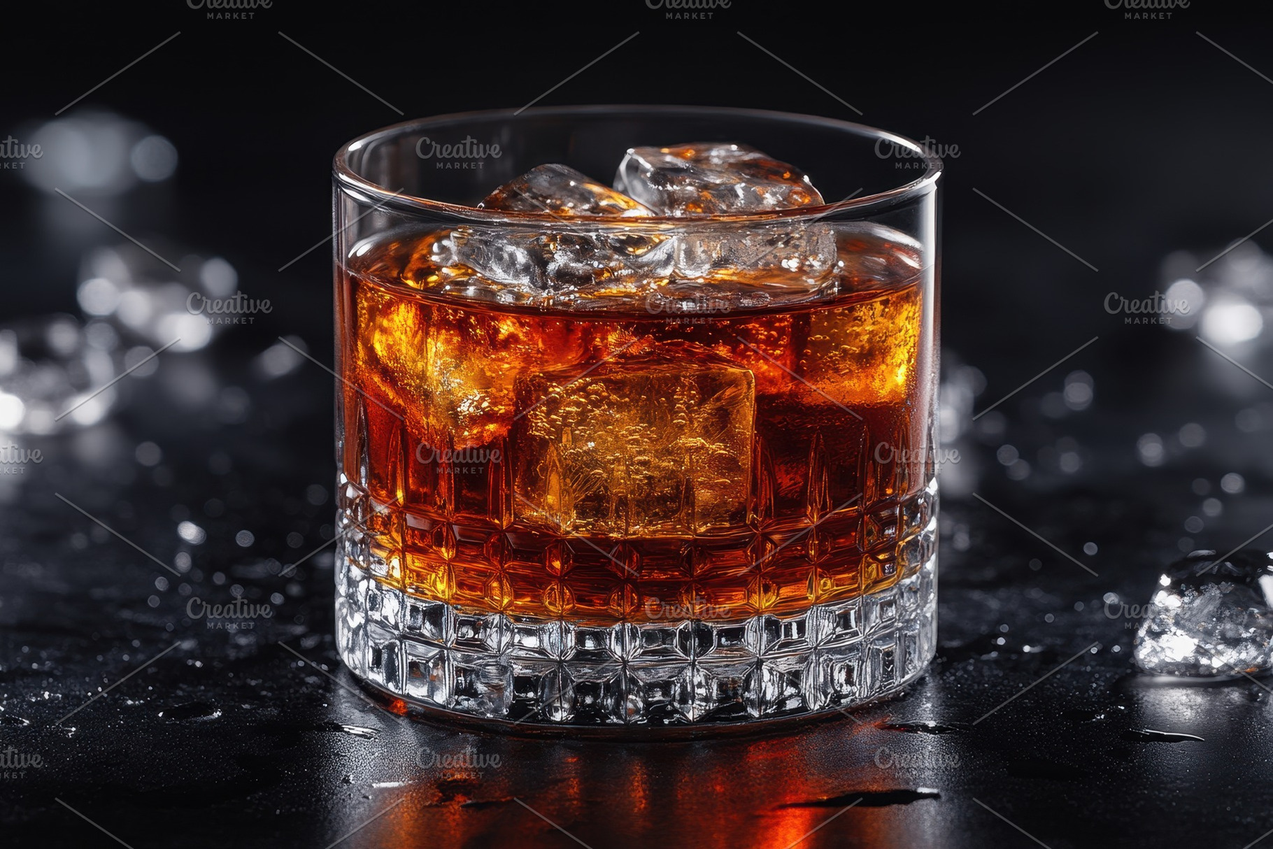 Rich amber drink with ice cubes in a, a Photo by Tanuart